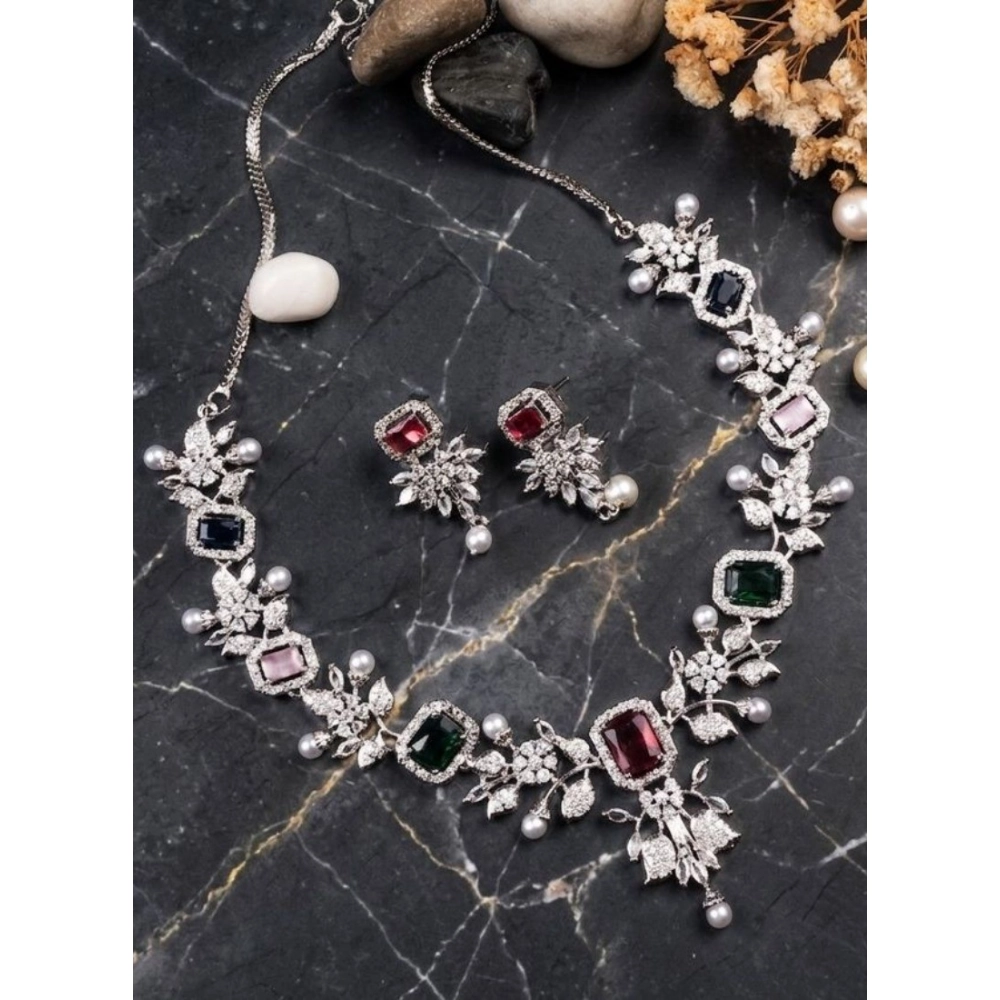 Generic Women's Brass Silver Plated Necklace set (Multicolor)