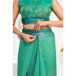 Generic Women's Faux Linen Floral Ready to wear Saree With Unstitched Blouse 5.5Mtr (Green)