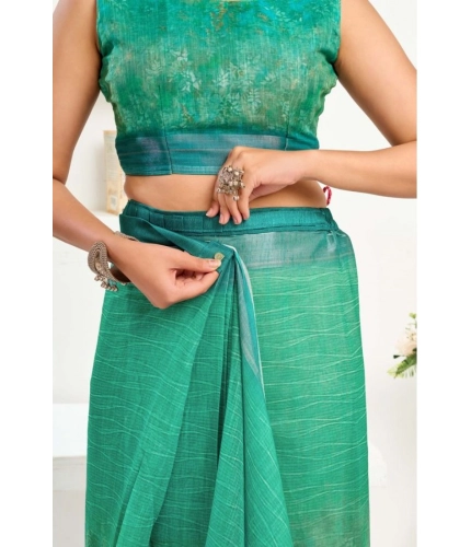 Generic Women's Faux Linen Floral Ready to wear Saree With Unstitched Blouse 5.5Mtr (Green)
