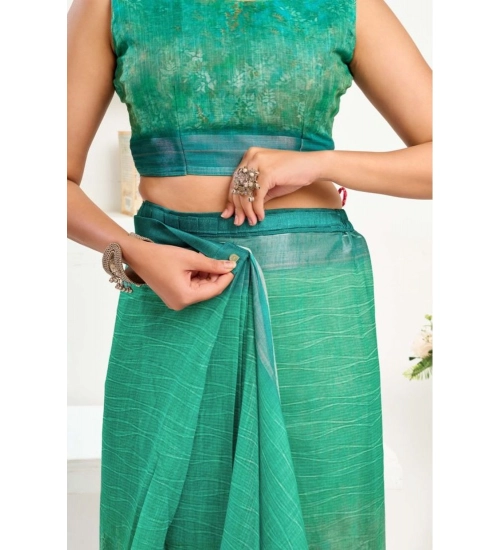 Generic Women's Faux Linen Floral Ready to wear Saree With Unstitched Blouse 5.5Mtr (Green)
