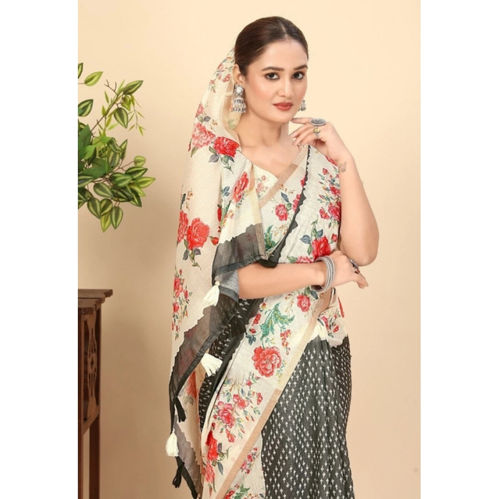 Women’s Chanderi Floral Printed Saree With Unstitched Blouse 5.5Mtr (Black)