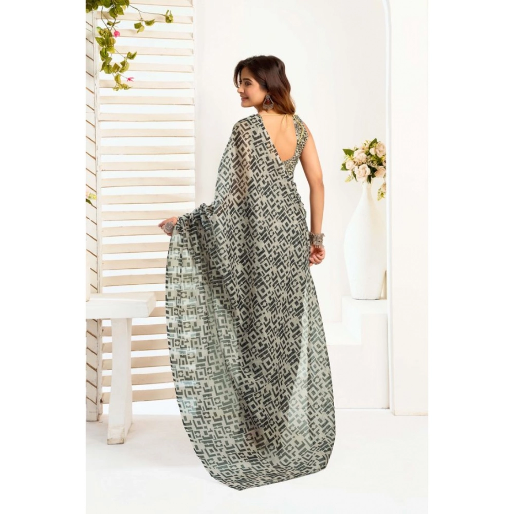 Generic Women's Linen Cotton Printed Ready To Wear With Pocket Saree With Unstitched Blouse 5.5 Mtr (Grey)