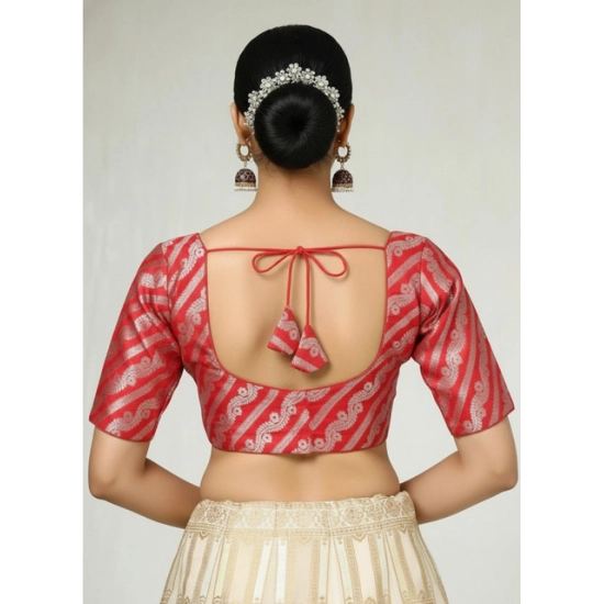Generic Women's Jacquard Zari Round Neck Padded Blouse (Red 38 Ready (Self Alterable 36–40) Generic Women's Jacquard Zari Round Neck Padded Blouse (Red 38 Ready (Self Alterable 36–40)
