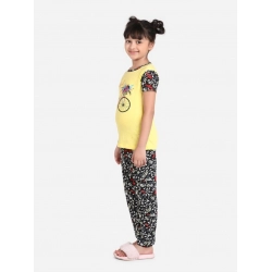 Generic Girl's Cotton Hosiery Printed Night Suit Set (Yellow-Black)