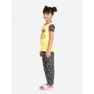 Generic Girl's Cotton Hosiery Printed Night Suit Set (Yellow-Black)