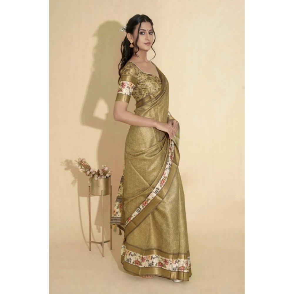 Women's Polyester Printed Saree With Unstitched Blouse 5.5 Mtr (Gold)