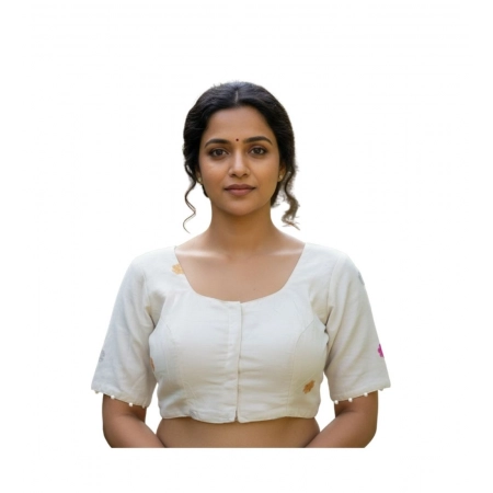 Generic Women's Cambric Cotton Round Neck Padded Blouse (White, 38 Ready Size (Self-Alterable 36–40)