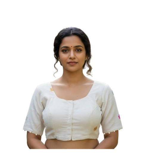 Generic Women's Cambric Cotton Round Neck Padded Blouse (White, 38 Ready Size (Self-Alterable 36–40)