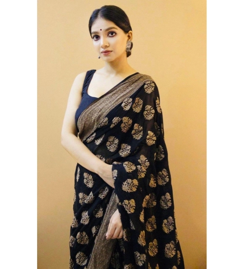 Generic Women's Soft Litchi Silk Jacquard Work Saree With Unstitched Blouse 5.5Mtr (Black) Generic Women's Soft Litchi Silk Jacquard Work Saree With Unstitched Blouse 5.5Mtr (Black)