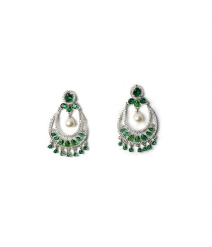 Generic Women's Brass Silver Plated Chandbali Earrings (Green)