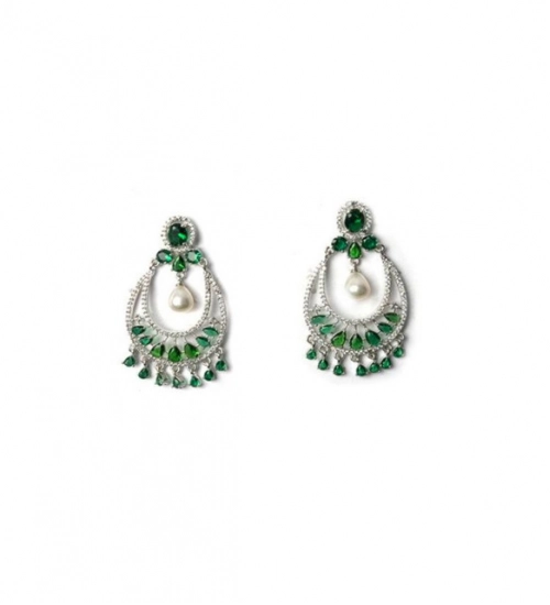 Generic Women's Brass Silver Plated Chandbali Earrings (Green) Generic Women's Brass Silver Plated Chandbali Earrings (Green)