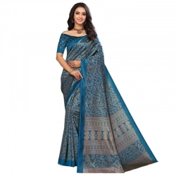 Generic Women's Litchi silk Printed Saree With Unstitched Blouse  5-6 Mtrs (Blue)