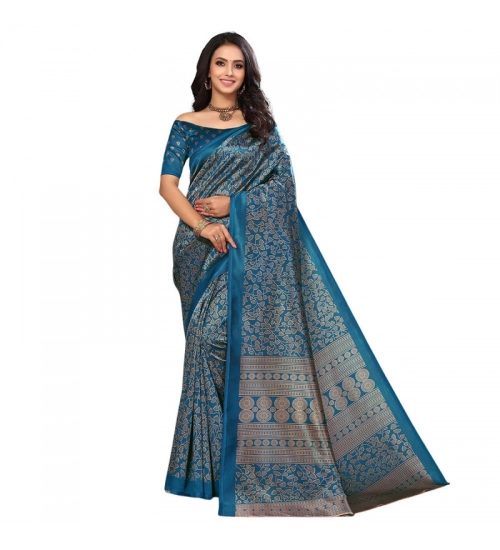 Generic Women's Litchi silk Printed Saree With Unstitched Blouse  5-6 Mtrs (Blue)