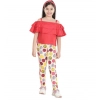 Generic Girl's Cotton Floral Elasticated Jegging and Top Set (Red)
