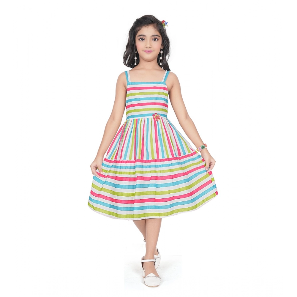 Generic Girl's Cotton Striped Sleeve Less Squre Neck Dress (Multicolor)