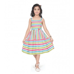 Generic Girl's Cotton Striped Sleeve Less Squre Neck Dress (Multicolor)