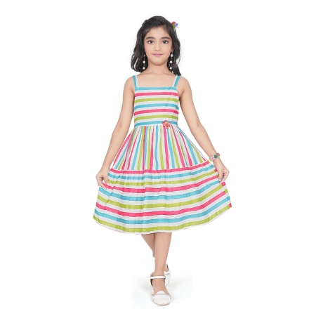 Generic Girl's Cotton Striped Sleeve Less Squre Neck Dress (Multicolor)
