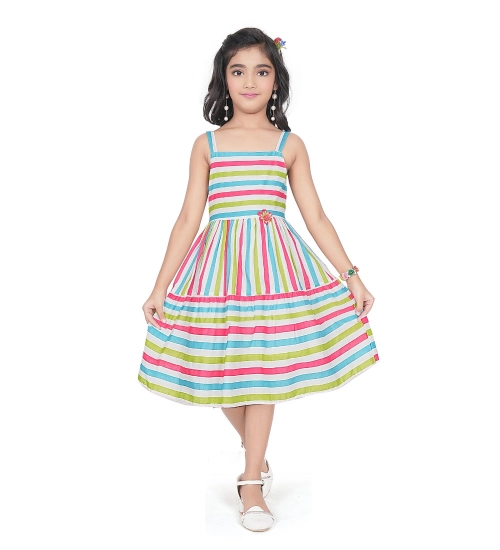 Generic Girl's Cotton Striped Sleeve Less Squre Neck Dress (Multicolor)