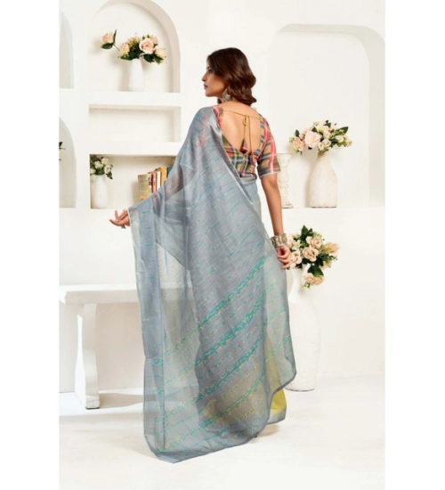 Generic Women's Linen Cotton Printed Ready To Wear Saree With Unstitched Blouse 5.5 Mtr (Grey)