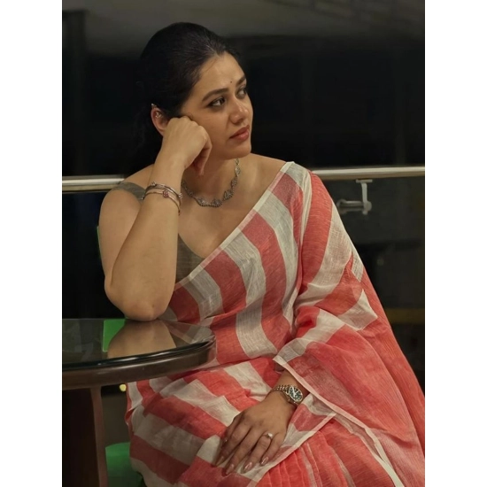 Generic Women's Linen Printed Saree With Unstitched Blouse 5.5Mtr (Multicolor)