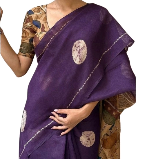 Generic Women's Linen Printed Saree With Unstitched Blouse 5.5Mtr (Purple)