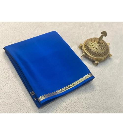 Generic Women's Crepe Chit Pallu Solid Saree With Unstitched Blouse 5.5Mtr (Blue)