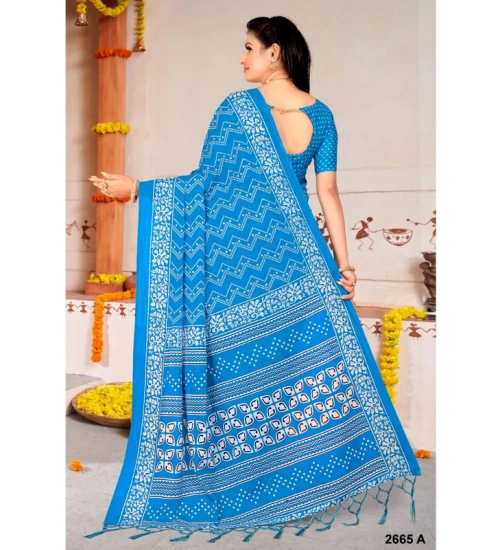 Generic Women's Soft Pure Cotton Printed Saree With Unstitched Blouse 5.5Mtr (Sky Blue)
