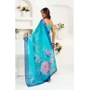 Generic Women's Faux Linen Floral Print Ready to wear Saree With Unstitched Blouse 5.5Mtr (Light_AquaBlue)