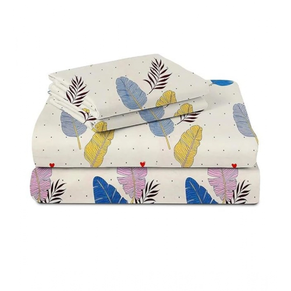 Generic Cotton Blend Floral Printed Double Bedsheet with 2 Pillow Covers (Off -White)