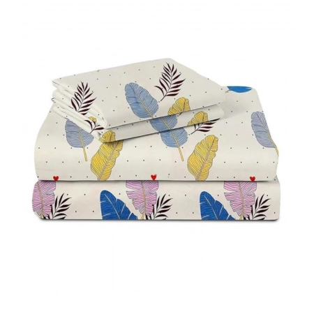 Generic Cotton Blend Floral Printed Double Bedsheet with 2 Pillow Covers (Off -White)