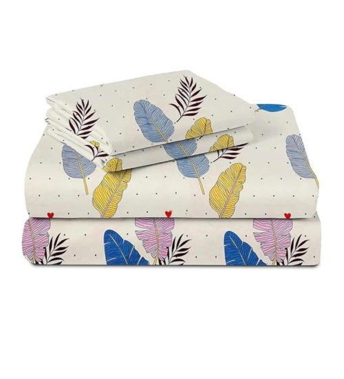 Generic Cotton Blend Floral Printed Double Bedsheet with 2 Pillow Covers (Off -White)