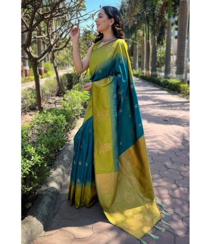 Generic Women's Soft Lichi Silk Printed Saree With Unstitched Blouse 5.5Mtr (Green)