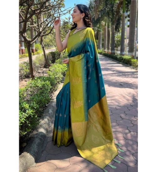 Generic Women's Soft Lichi Silk Printed Saree With Unstitched Blouse 5.5Mtr (Green)