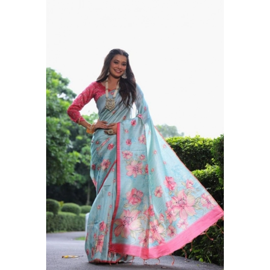 Generic Women's Faux_Tussar Floral_Print Saree With Unstitched Blouse 5.5Mtr (Sky_Blue) Generic Women's Faux_Tussar Floral_Print Saree With Unstitched Blouse 5.5Mtr (Sky_Blue)