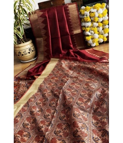 Generic Women's Tussar Silk Madhubani Saree With Unstitched Blouse 5.5Mtr (Maroon)