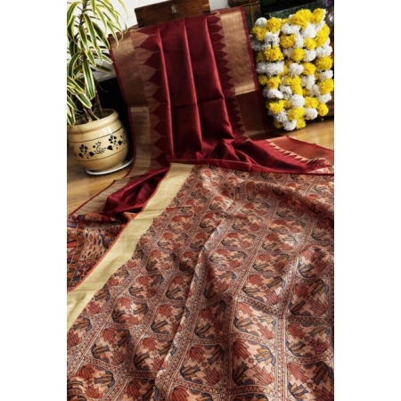 Generic Women's Tussar Silk Madhubani Saree With Unstitched Blouse 5.5Mtr (Maroon)