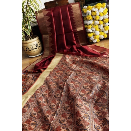 Generic Women's Tussar Silk Madhubani Saree With Unstitched Blouse 5.5Mtr (Maroon)