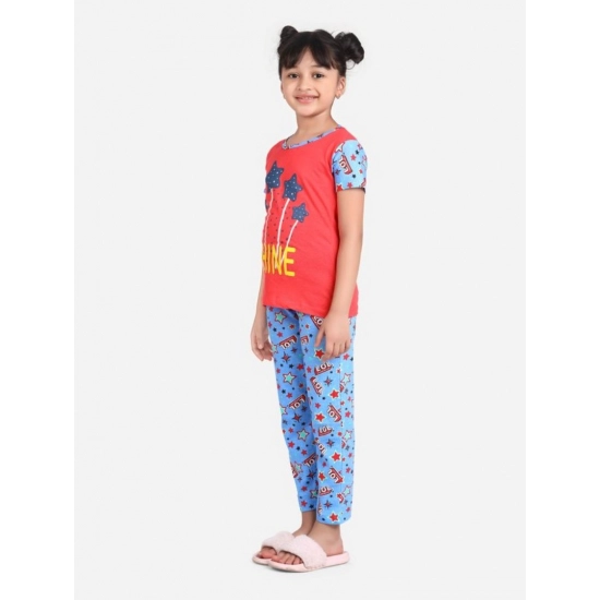 Generic Girl's Cotton Hosiery Printed Night Suit Set (Red-Blue) Generic Girl's Cotton Hosiery Printed Night Suit Set (Red-Blue)