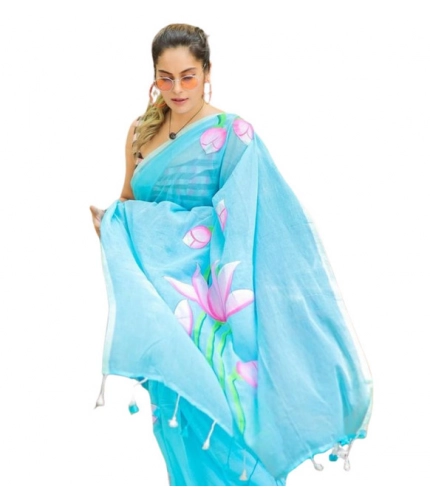 Generic Women's Linen Printed Saree With Unstitched Blouse 5.5Mtr (light Blue)