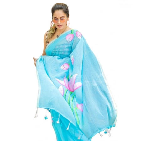 Generic Women's Linen Printed Saree With Unstitched Blouse 5.5Mtr (light Blue)