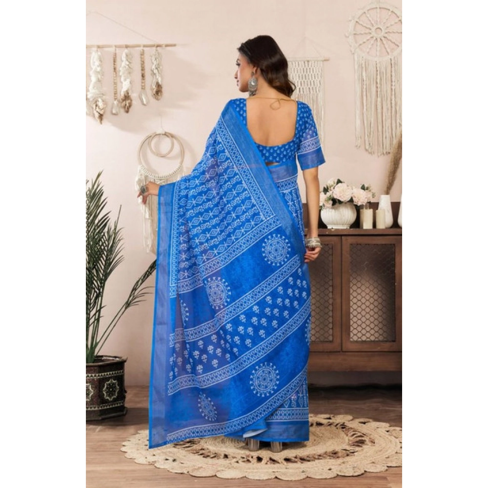 Generic Women's Faux Linen Geometric Print Ready to wear Saree With Unstitched Blouse 5.5Mtr (Blue)