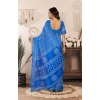 Generic Women's Faux Linen Geometric Print Ready to wear Saree With Unstitched Blouse 5.5Mtr (Blue)