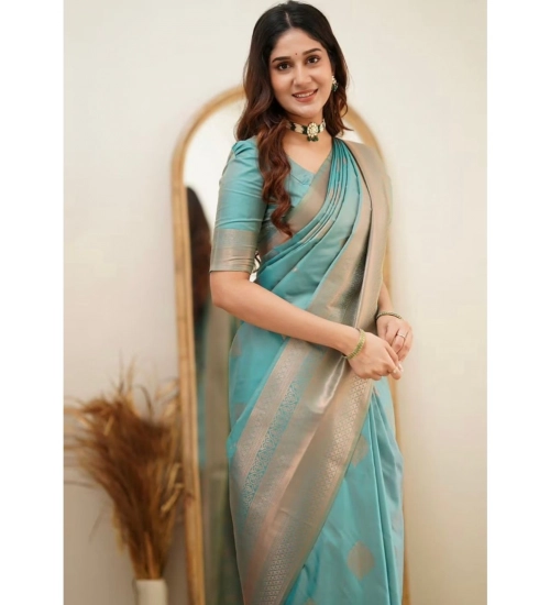 Generic Women's Soft Litchi Silk Jacquard Work Saree With Unstitched Blouse 5.5Mtr (Light Blue)