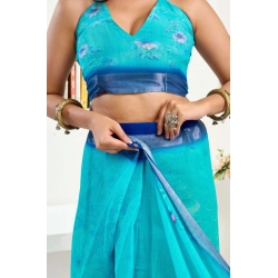 Generic Women's Faux Linen Floral Print Ready to wear Saree With Unstitched Blouse 5.5Mtr (Light_AquaBlue)