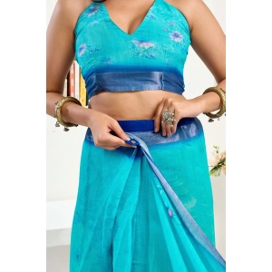 Generic Women's Faux Linen Floral Print Ready to wear Saree With Unstitched Blouse 5.5Mtr (Light_AquaBlue)