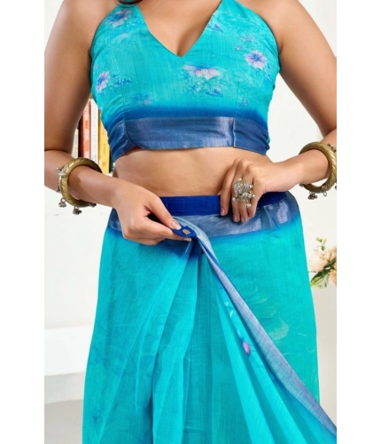 Generic Women's Faux Linen Floral Print Ready to wear Saree With Unstitched Blouse 5.5Mtr (Light_AquaBlue)