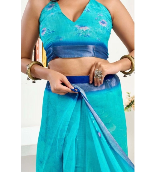 Generic Women's Faux Linen Floral Print Ready to wear Saree With Unstitched Blouse 5.5Mtr (Light_AquaBlue)