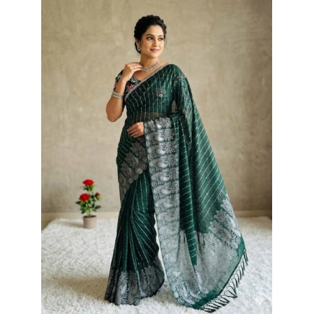 Generic Women's Georgette Striped Saree With Unstitched Blouse 5.5Mtr (Dark Green)