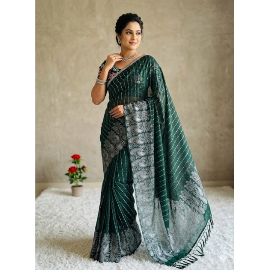 Generic Women's Georgette Striped Saree With Unstitched Blouse 5.5Mtr (Dark Green)
