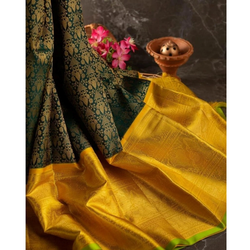 Generic Women's Soft Litchi Silk Jacquard Work Saree With Unstitched Blouse 5.5Mtr ( Mustard Yellow)
